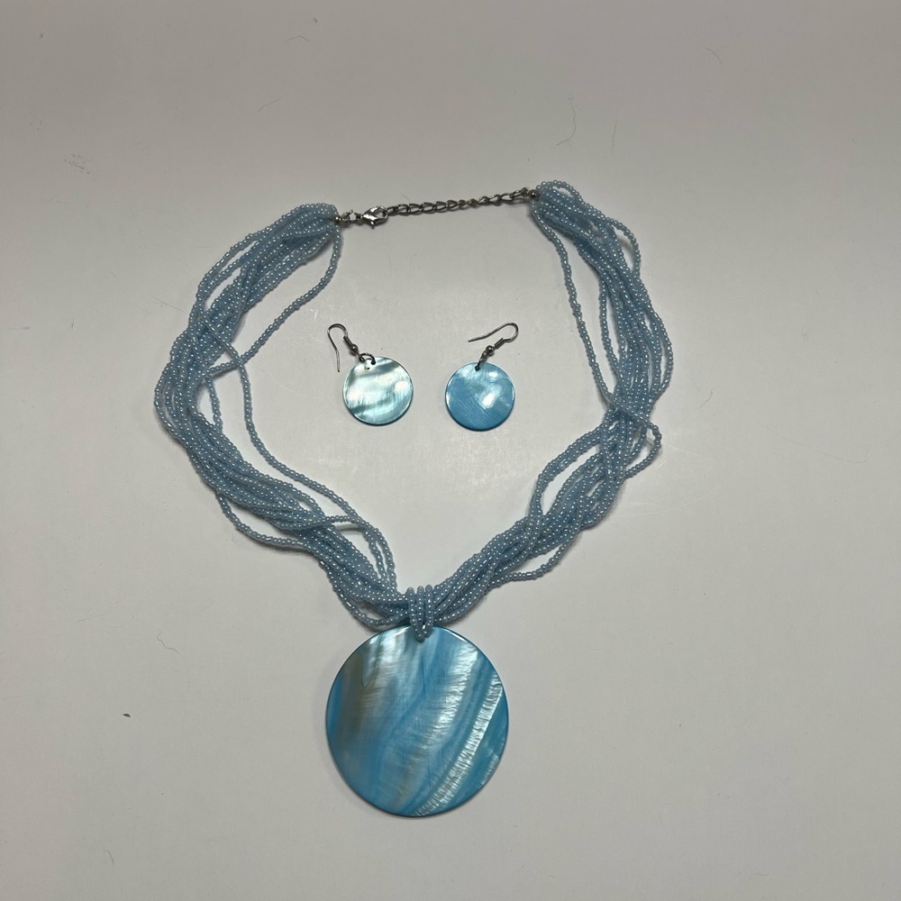 Blue Shell Pendant Necklace and Earring Set
